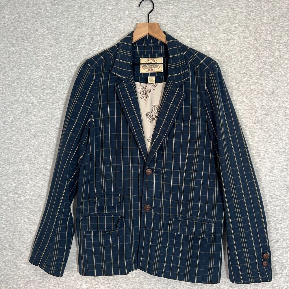 Fossil Brand Jacket Blazer Mens Medium‎ Blue Plaid Unstructured Twill Casual